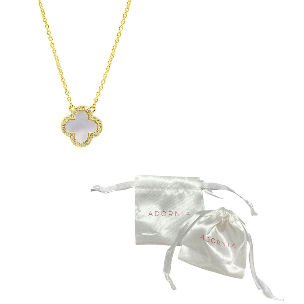 14K Gold Plated Crystal Halo White Mother-of-Pearl Clover Necklace