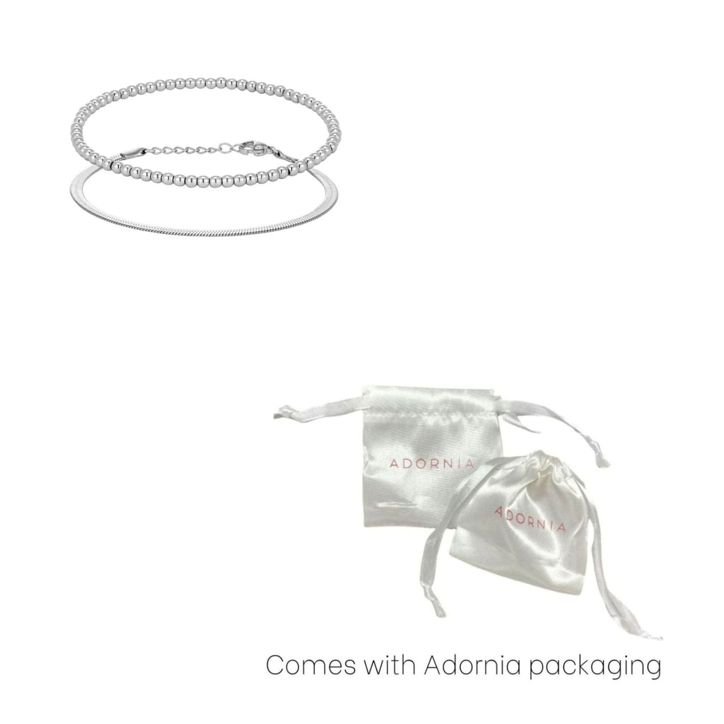 Tarnish Resistant Silver Herringbone and Beaded Bracelet Set
