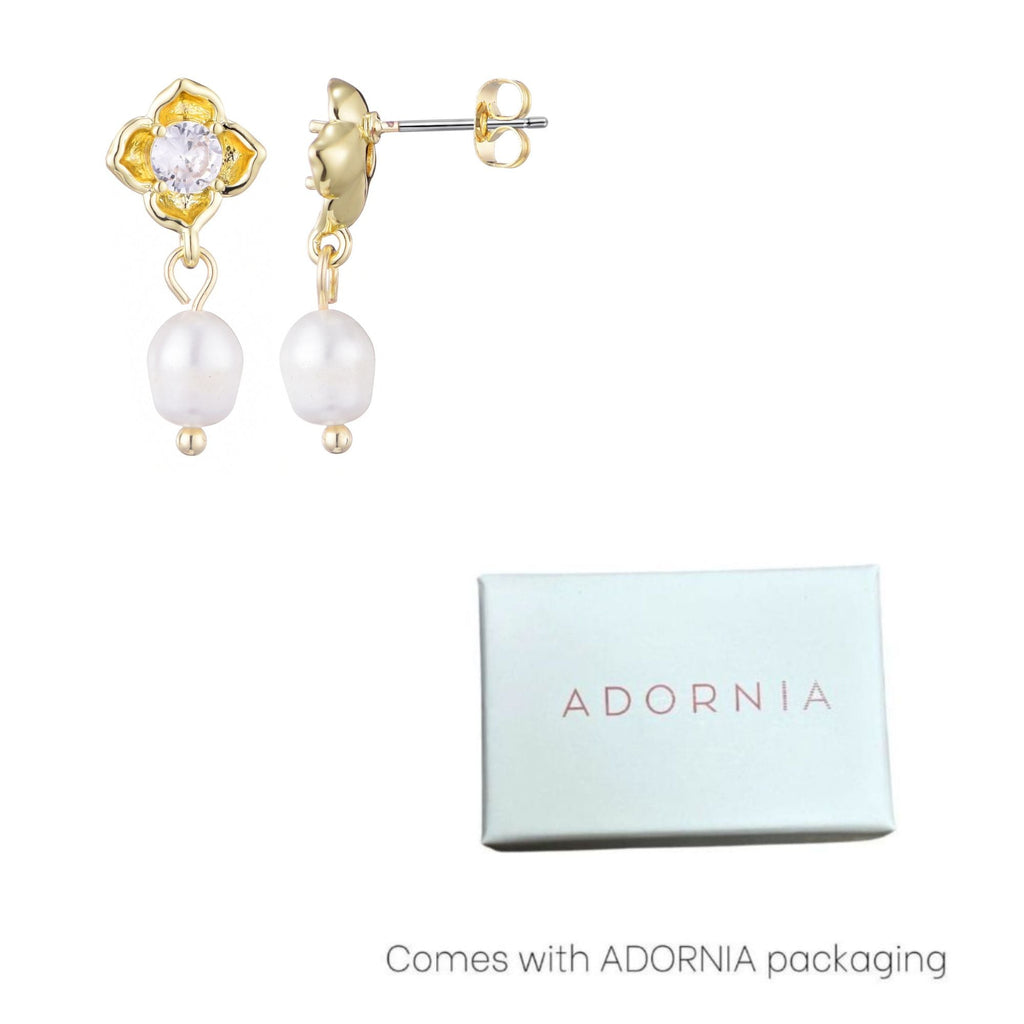 14k Gold Plated Freshwater Pearl Crystal Flower Earrings