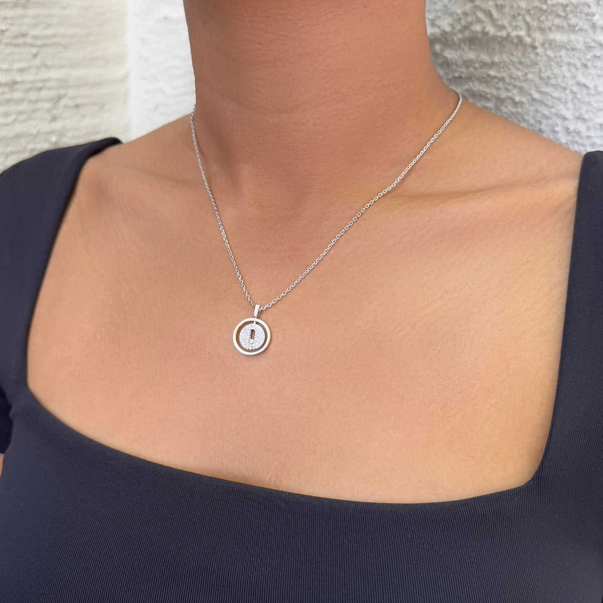 Silver Plated CZ Dancing Stone Disc Pendant Necklace