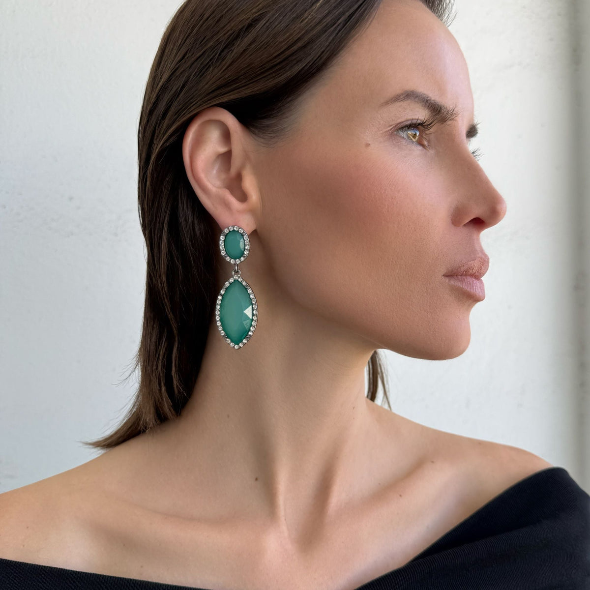 Silver Aqua Green Crystal  Statement Earrings