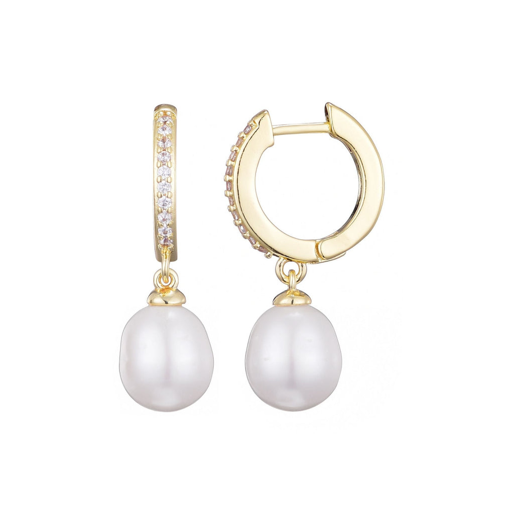 14k Gold Plated CZ Huggie Hoop Earrings with Freshwater Pearl Drop