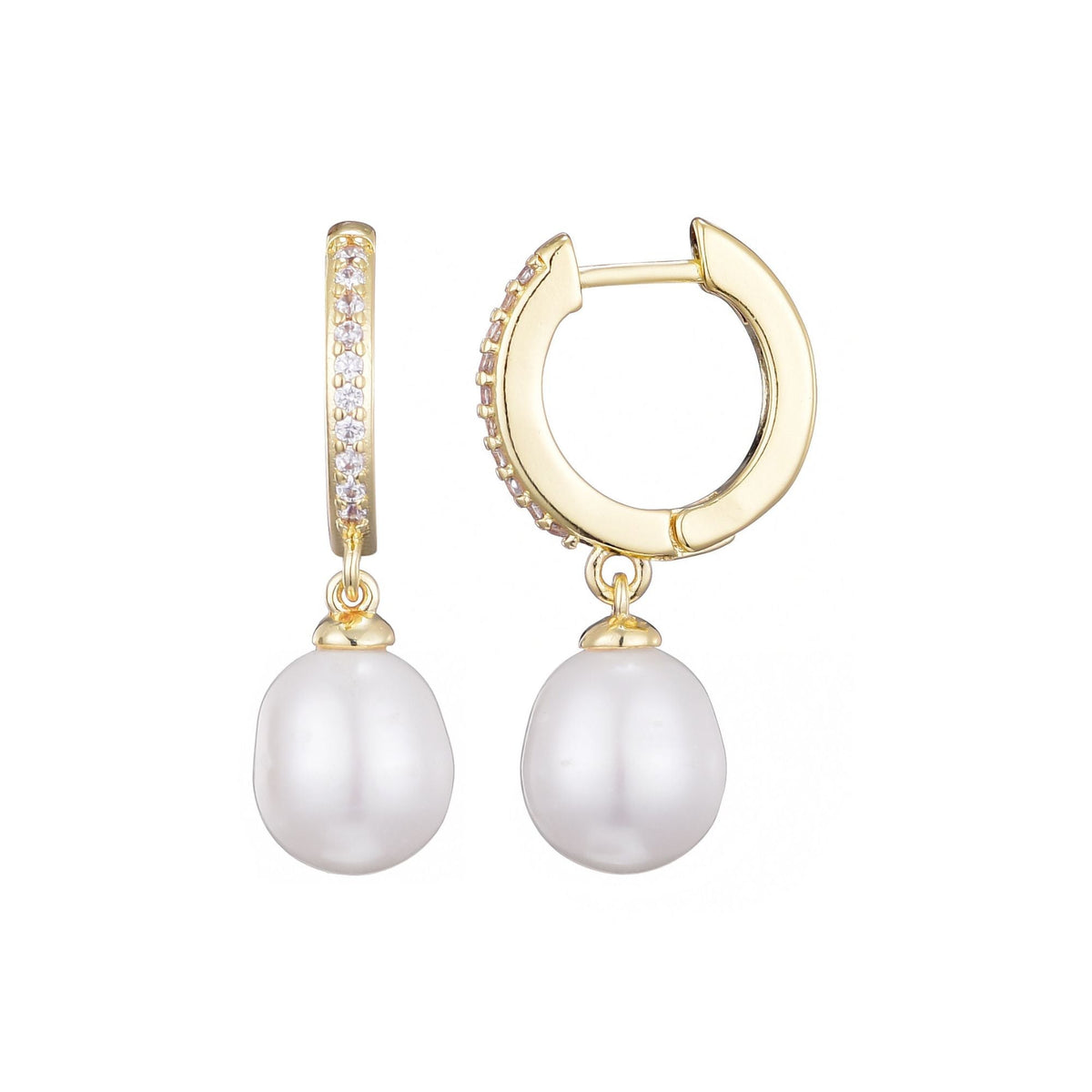 14k Gold Plated CZ Huggie Hoop Earrings with Freshwater Pearl Drop