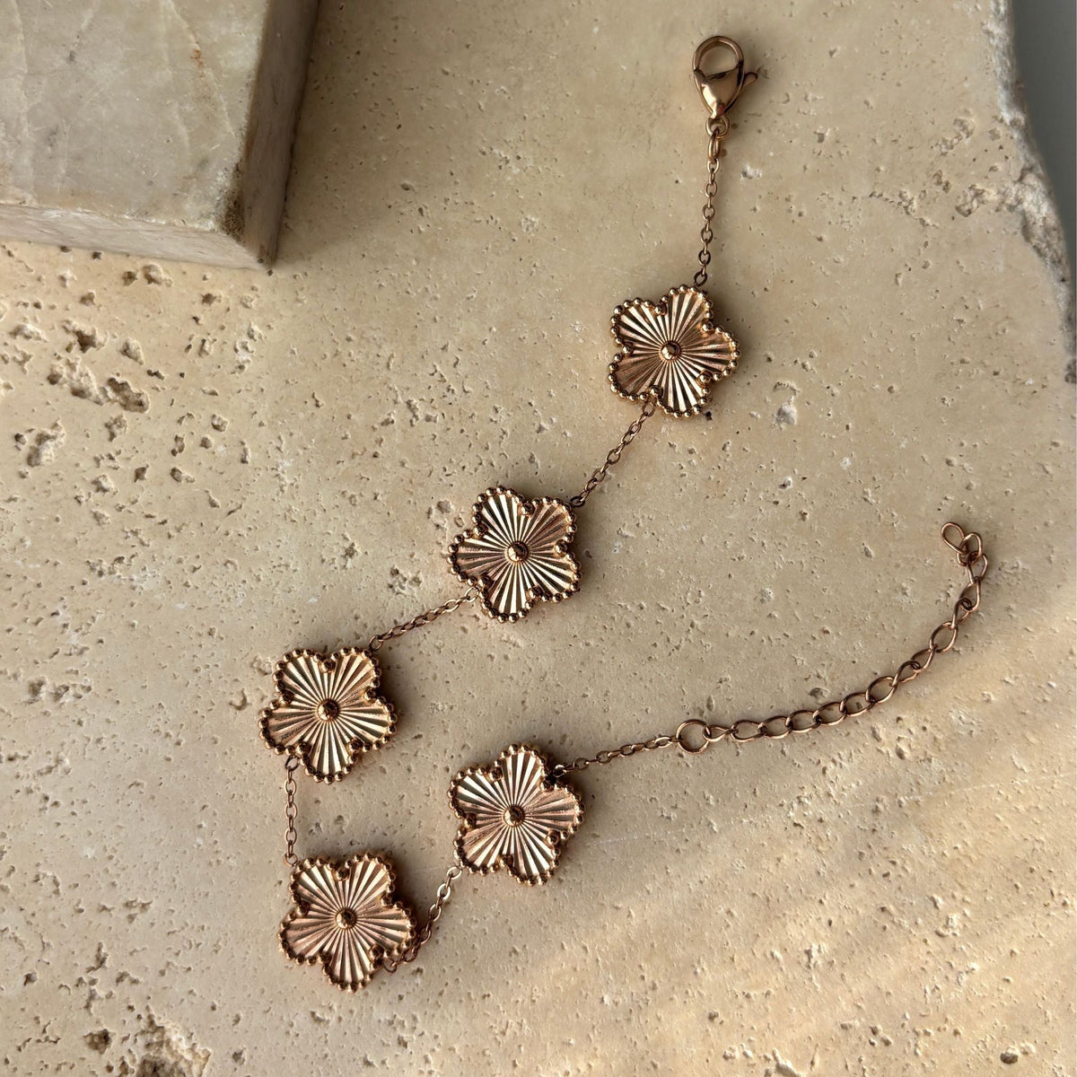 Tarnish Resistant 14k Rose Gold Plated 5-Leaf Clover Station Bracelet