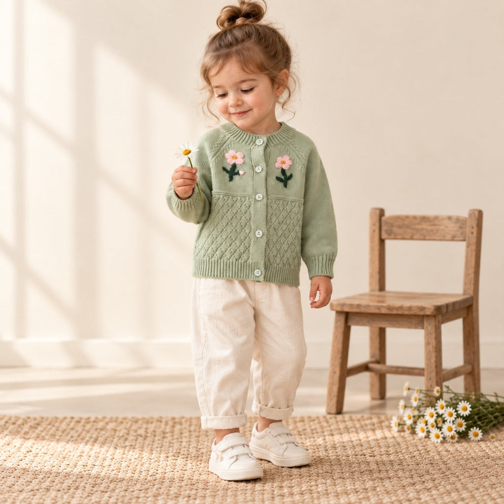 Baby Girls Flower Embroidered Knit Cotton Cardigan