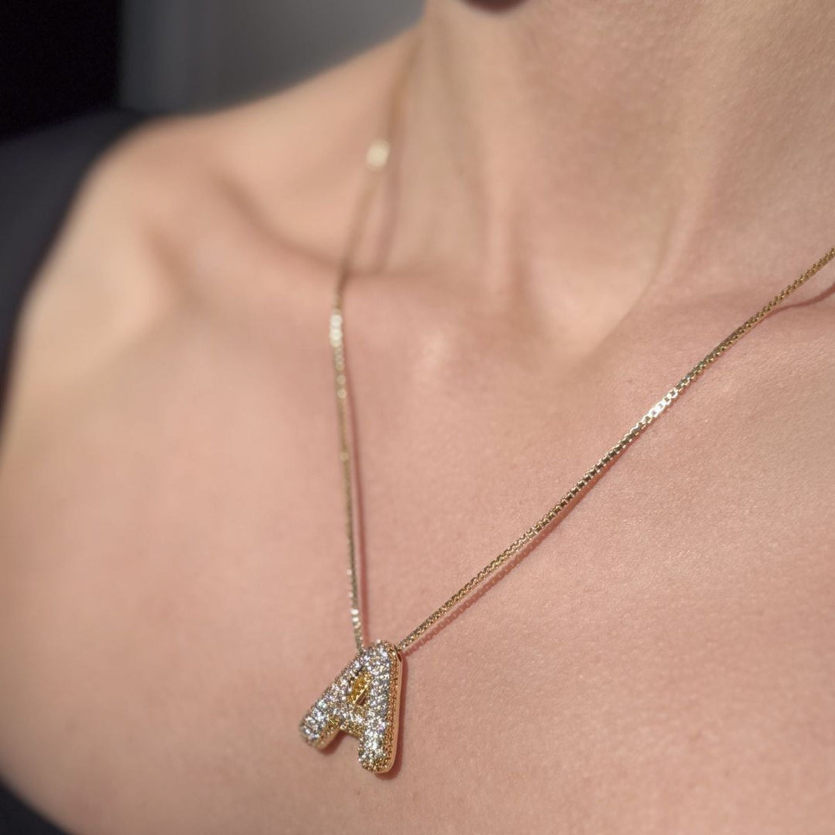 14k Gold Plated Pave Bubble Letter Necklace