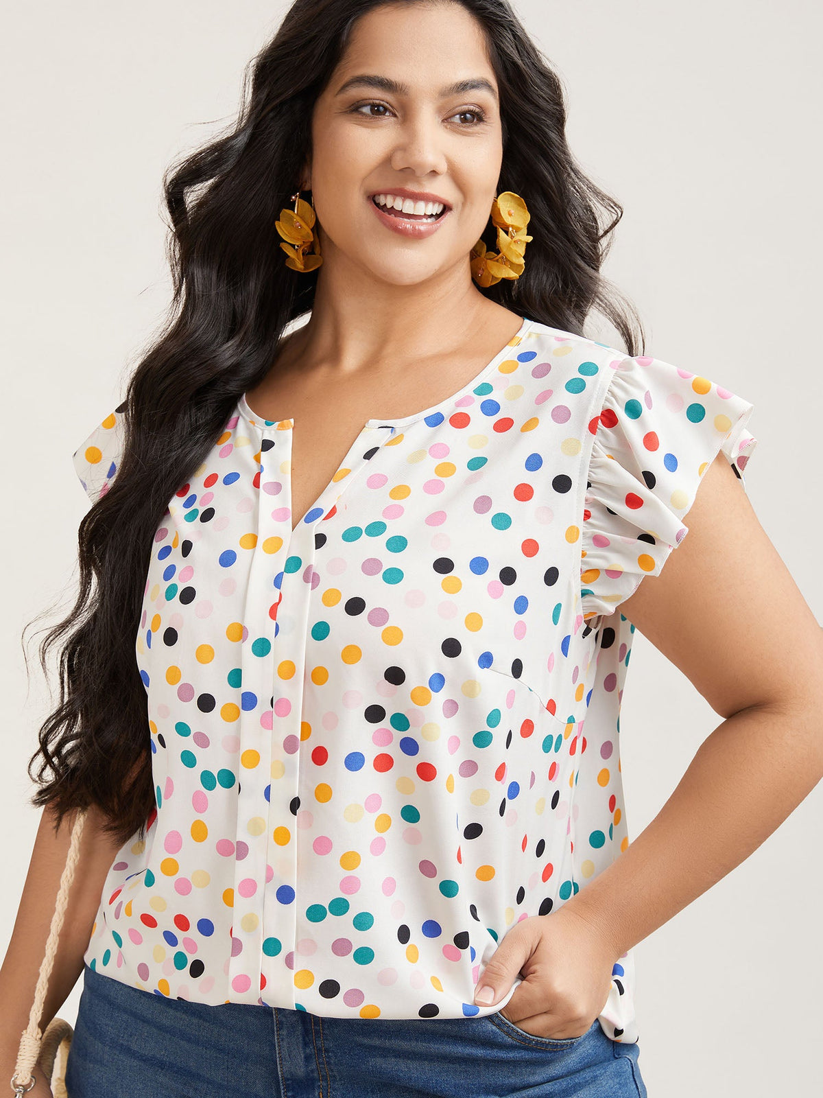 Polka Dot Flutter Sleeve Blouse