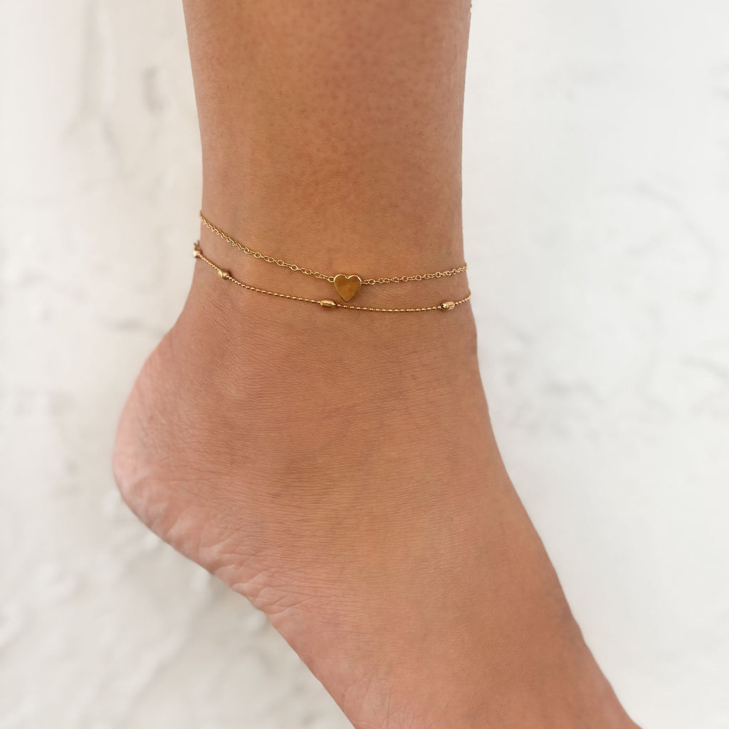 14k Gold Plated Heart Adjustable Anklet Set