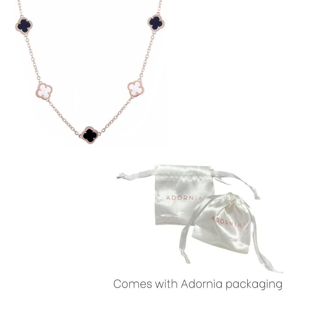 14k Rose Gold Plated Mixed Black and White Clover Station Necklace