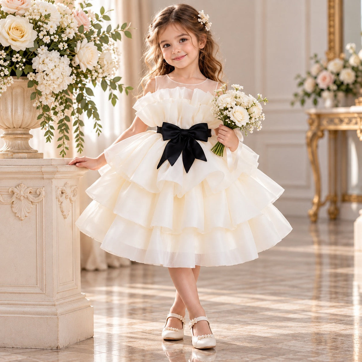 Champagne White Sleeveless Flower Girl Dress