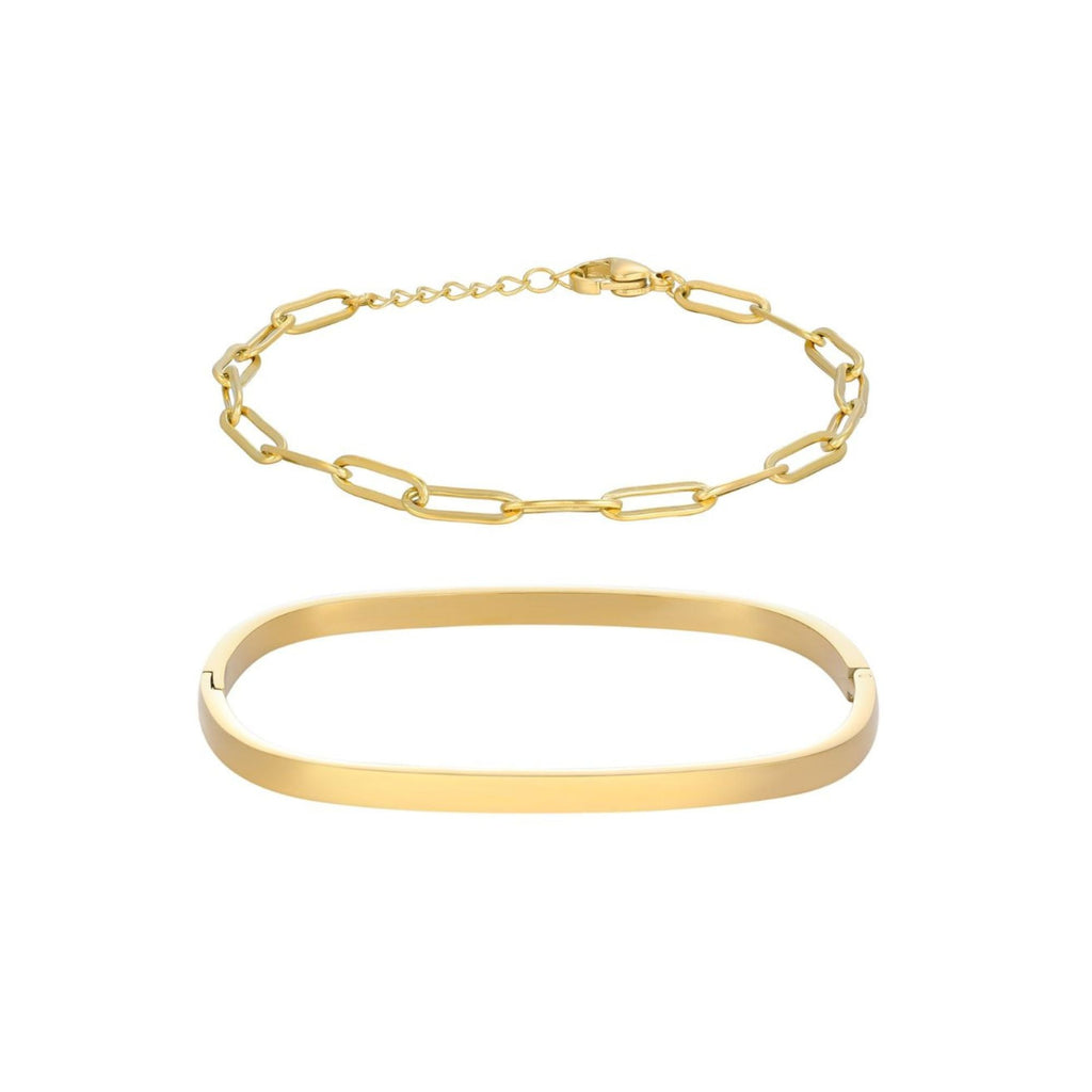 Tarnish Resistant 18k Gold Plated Rectangular Cuff and Paper Clip Chain Bracelet Set