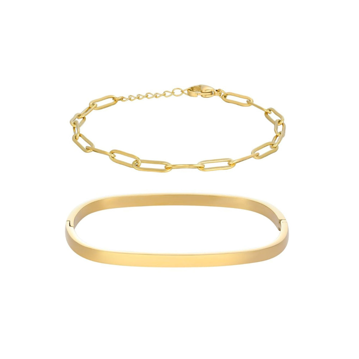 Tarnish Resistant 18k Gold Plated Rectangular Cuff and Paper Clip Chain Bracelet Set