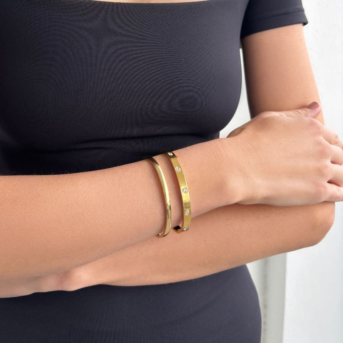 Tarnish Resistant 18k Gold Plated Eternity and Plain Cuff Set