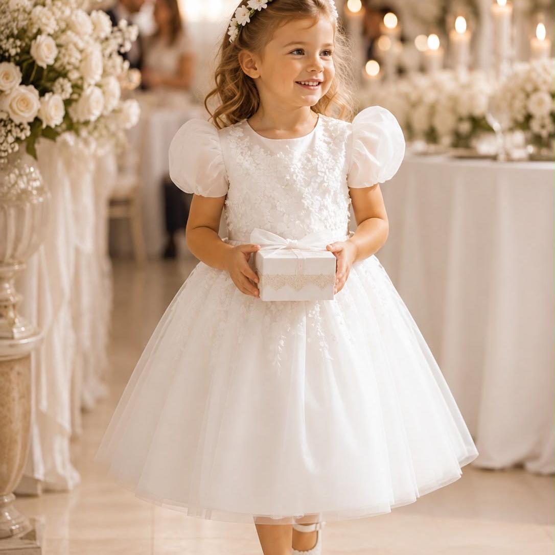 All White Tulle Flower Girl Dress with Ribbon Bow