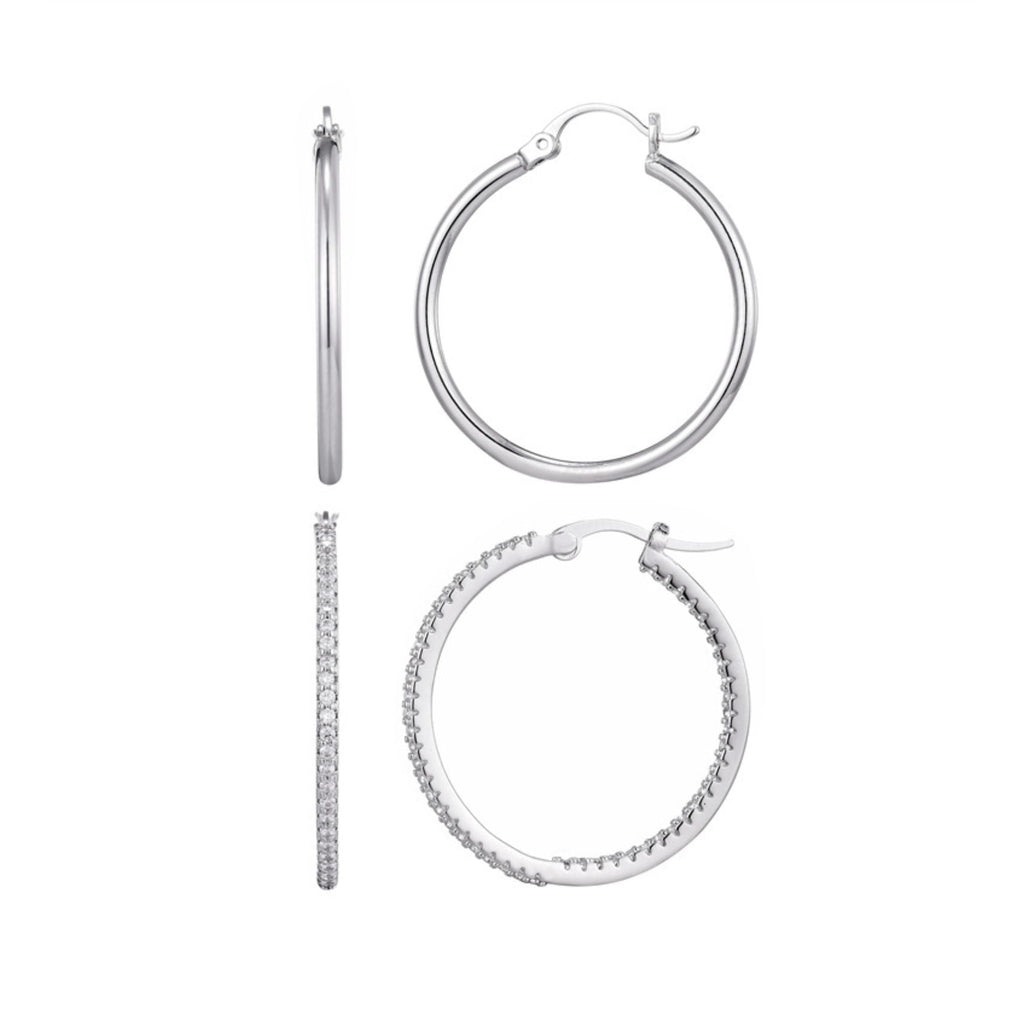 Silver Plated Infinity CZ and Plain Hoop Earring Set