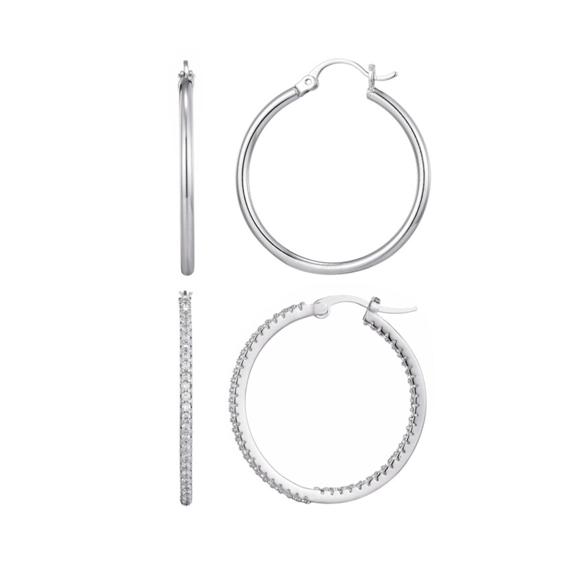 Silver Plated Infinity CZ and Plain Hoop Earring Set