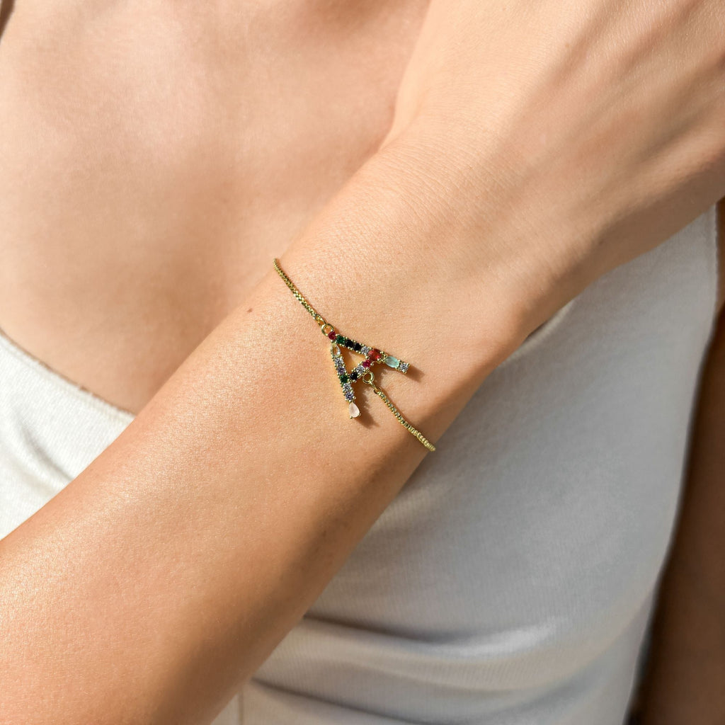 14k Gold Plated Multi Color Stone Initial Bolo Bracelet
