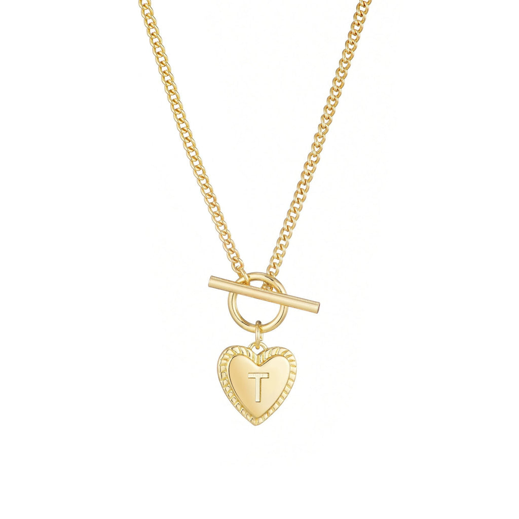 14k Gold Plated Heart Initial Toggle Necklace