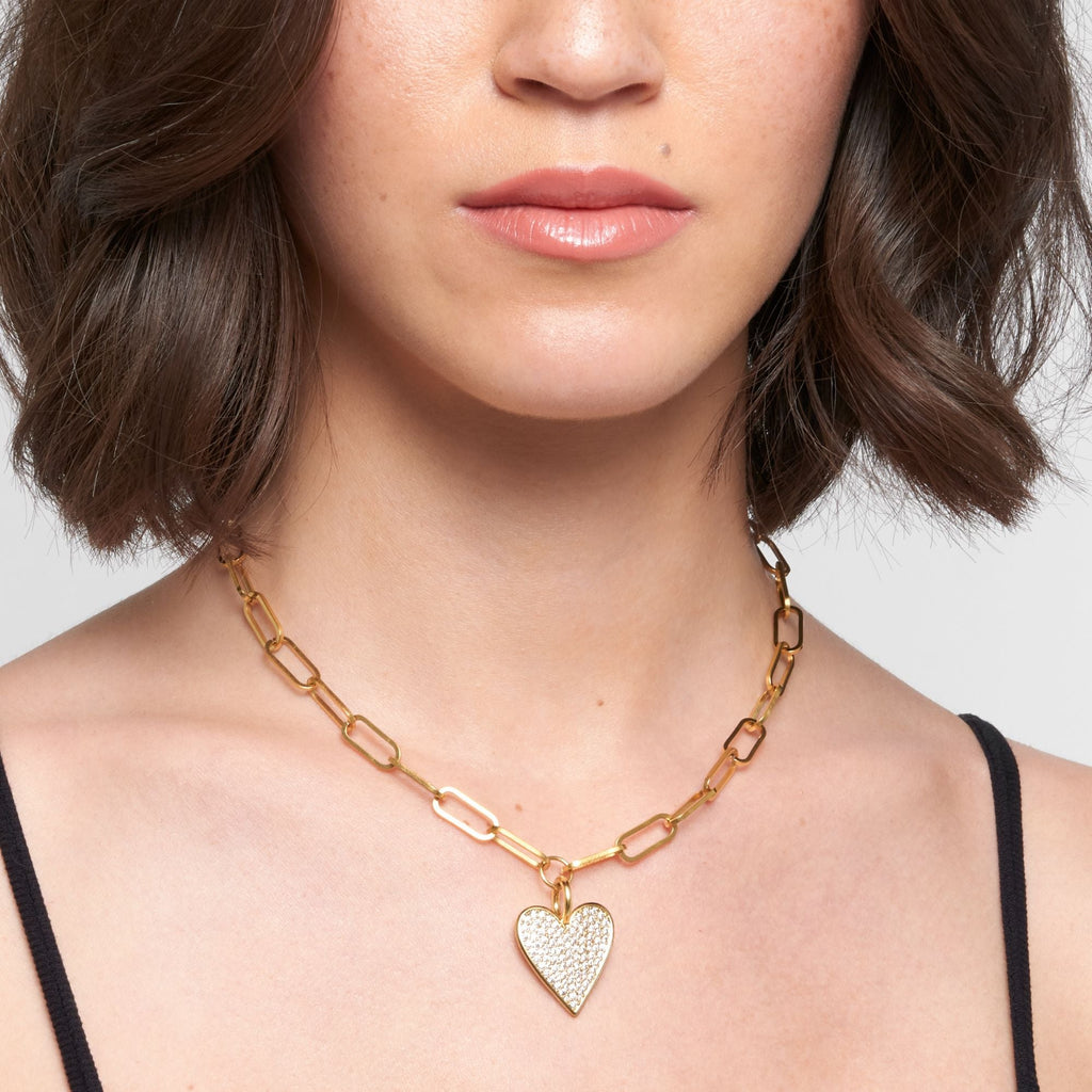 14k Gold Plated Adjustable Chunky Paperclip Link Pave Heart Necklace