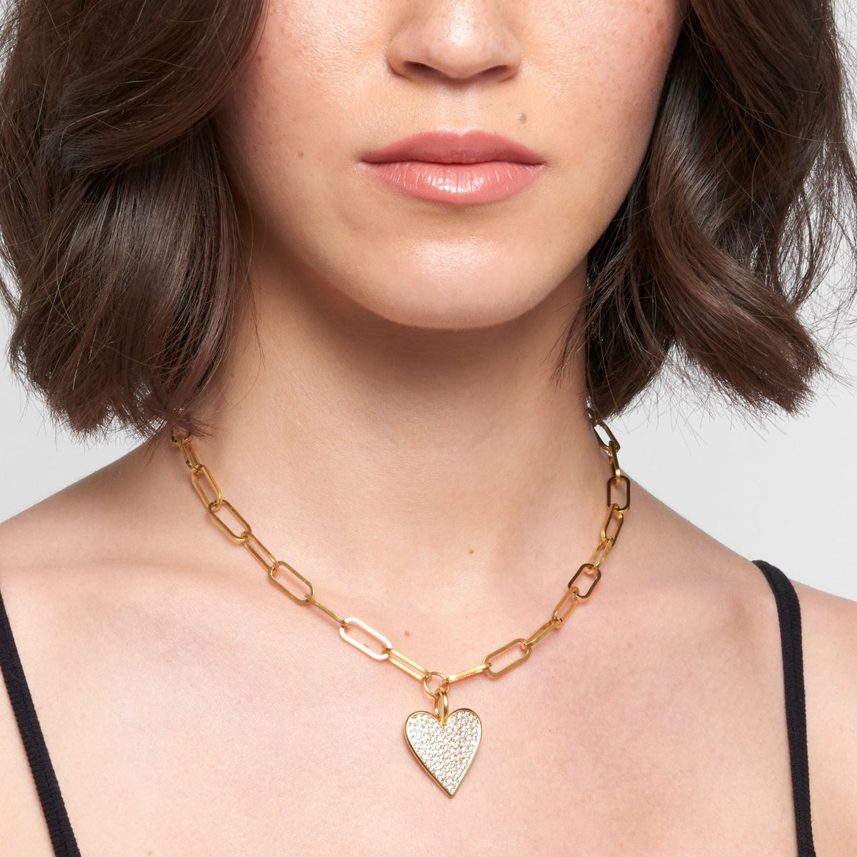 14k Gold Plated Adjustable Chunky Paperclip Link Pave Heart Necklace
