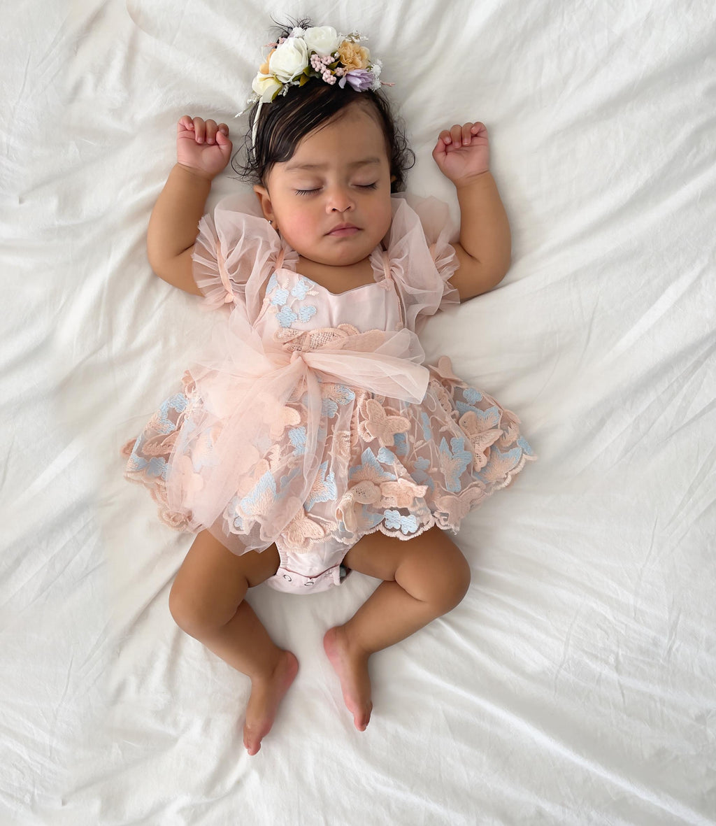 Butterfly Kisses Peach Rose Baby Girl Embroidered Tulle Party Romper