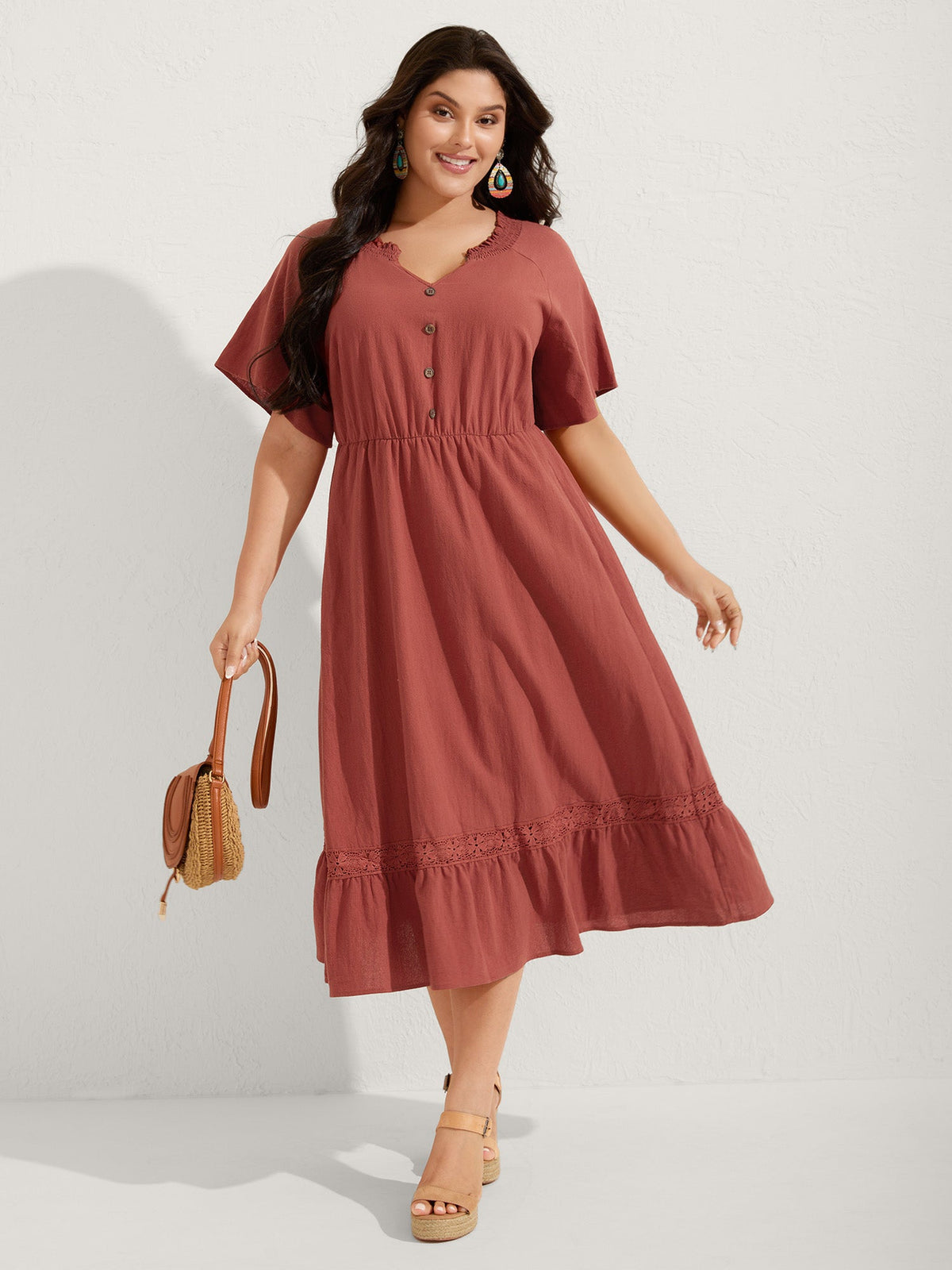 Pure Cotton Lace Trim Pockets Midi Dress