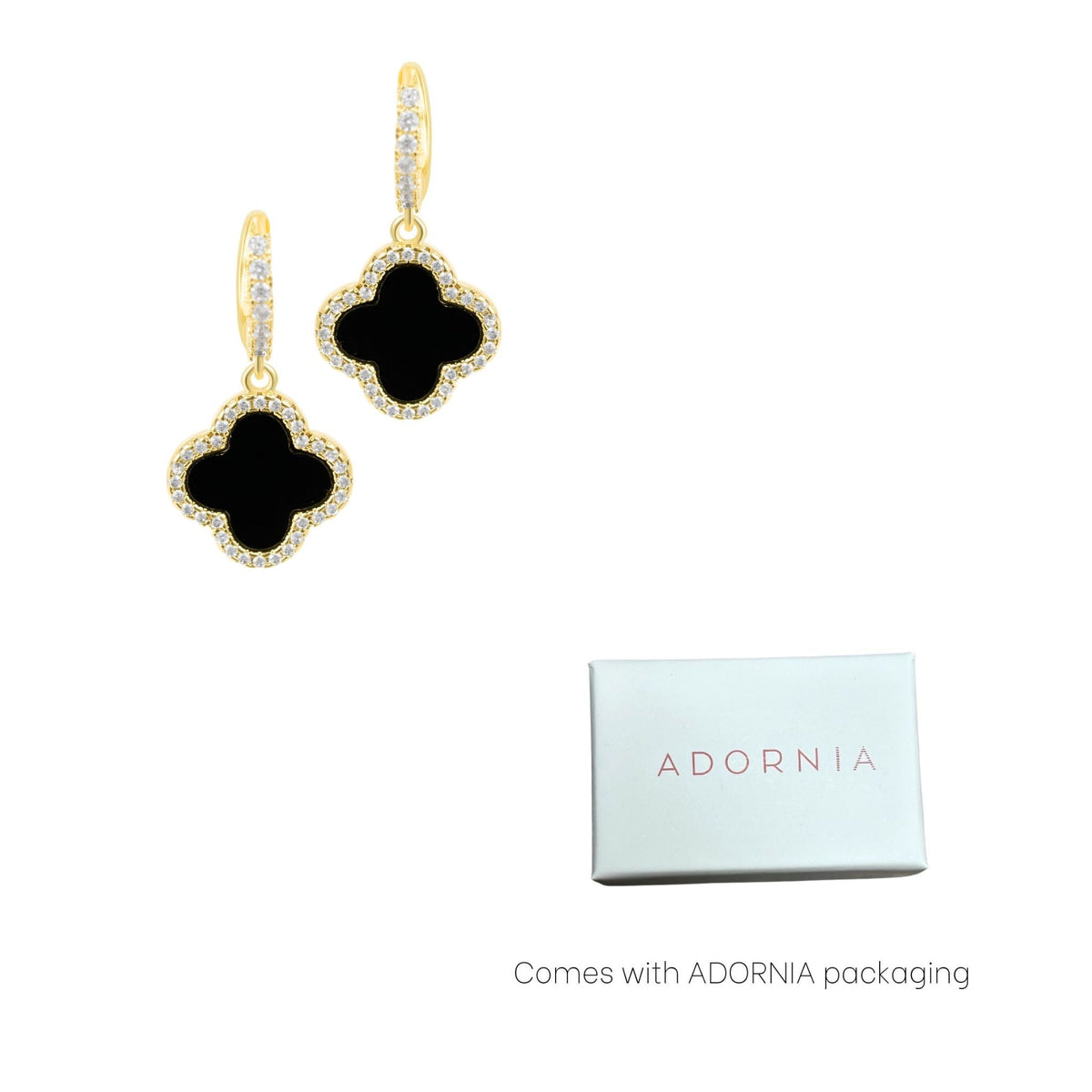 14k Gold Plated Crystal Halo Black Clover Dangle Huggie Earrings