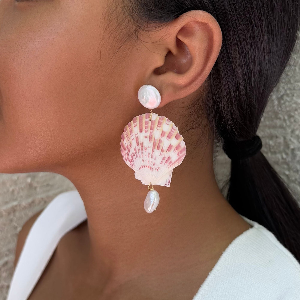 Pink Shell and Shell Pearl 3-Drop Earrings