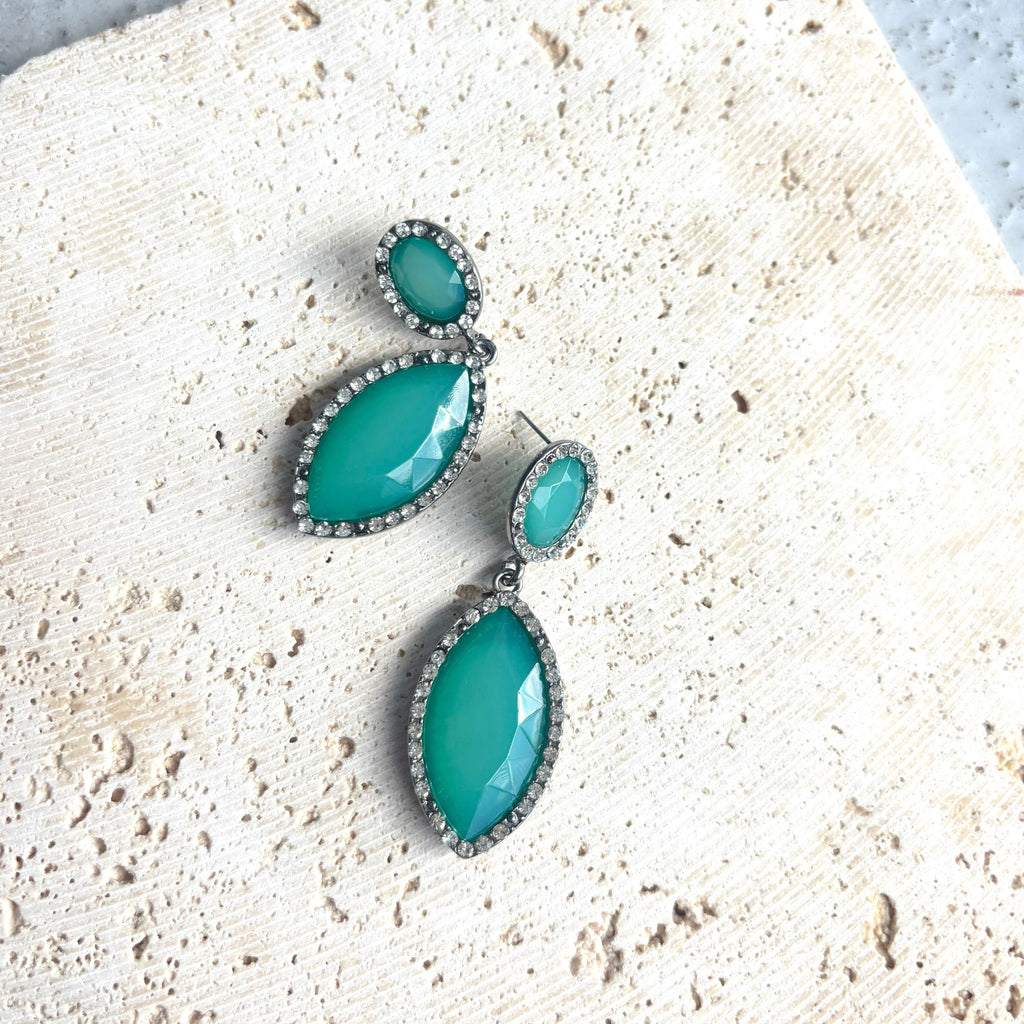 Silver Aqua Green Crystal  Statement Earrings
