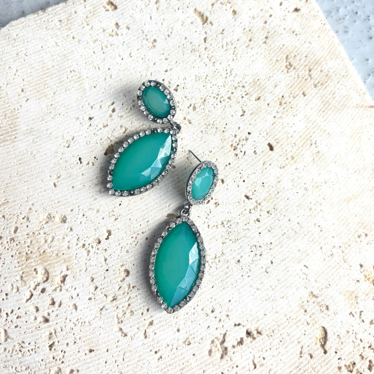 Silver Aqua Green Crystal  Statement Earrings