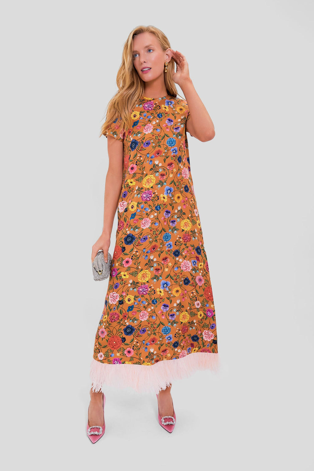 Botticelli Rust Short Sleeve Swing Dress with Feathers