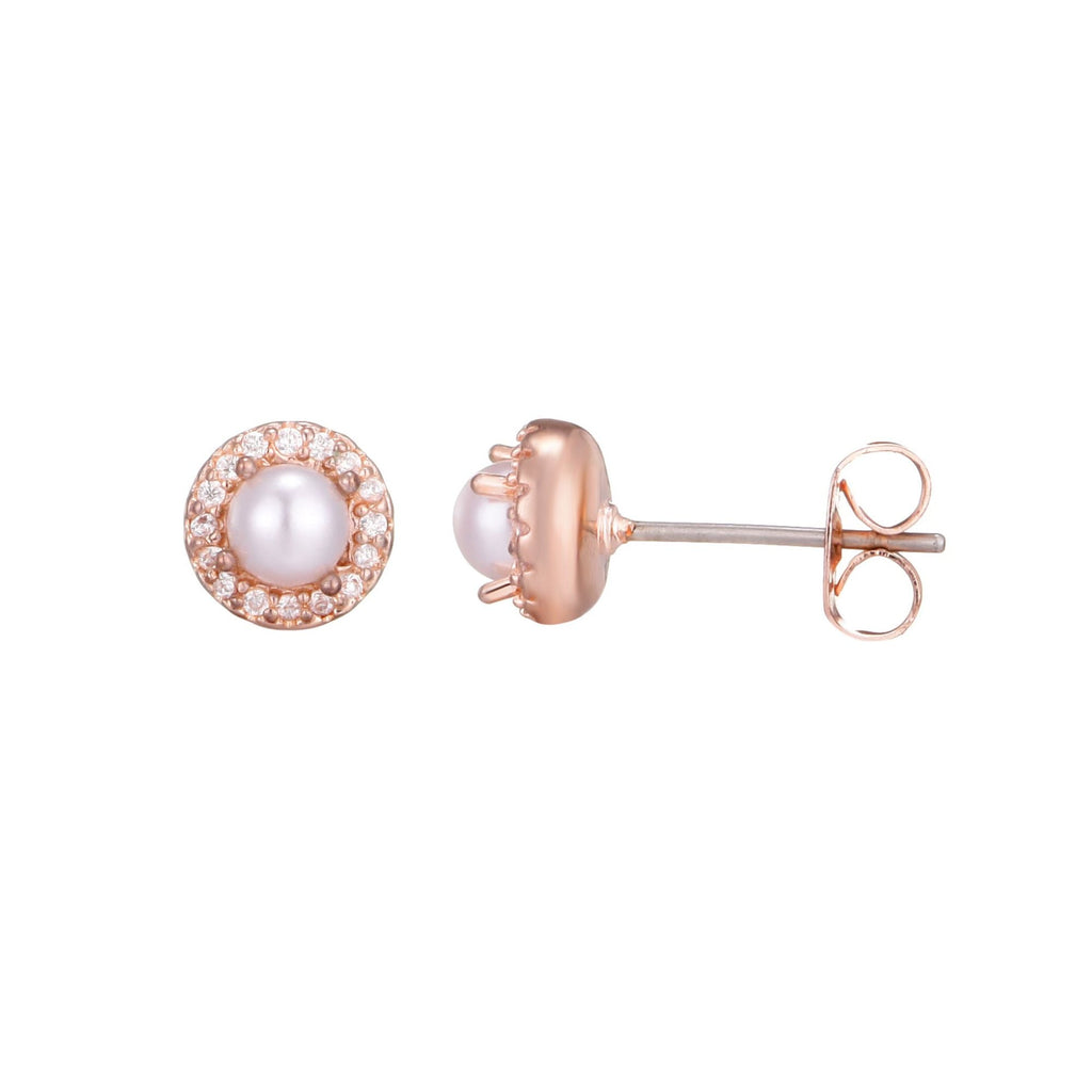 14k Rose Gold Plated Freshwater Pearl CZ Halo Stud Earrings