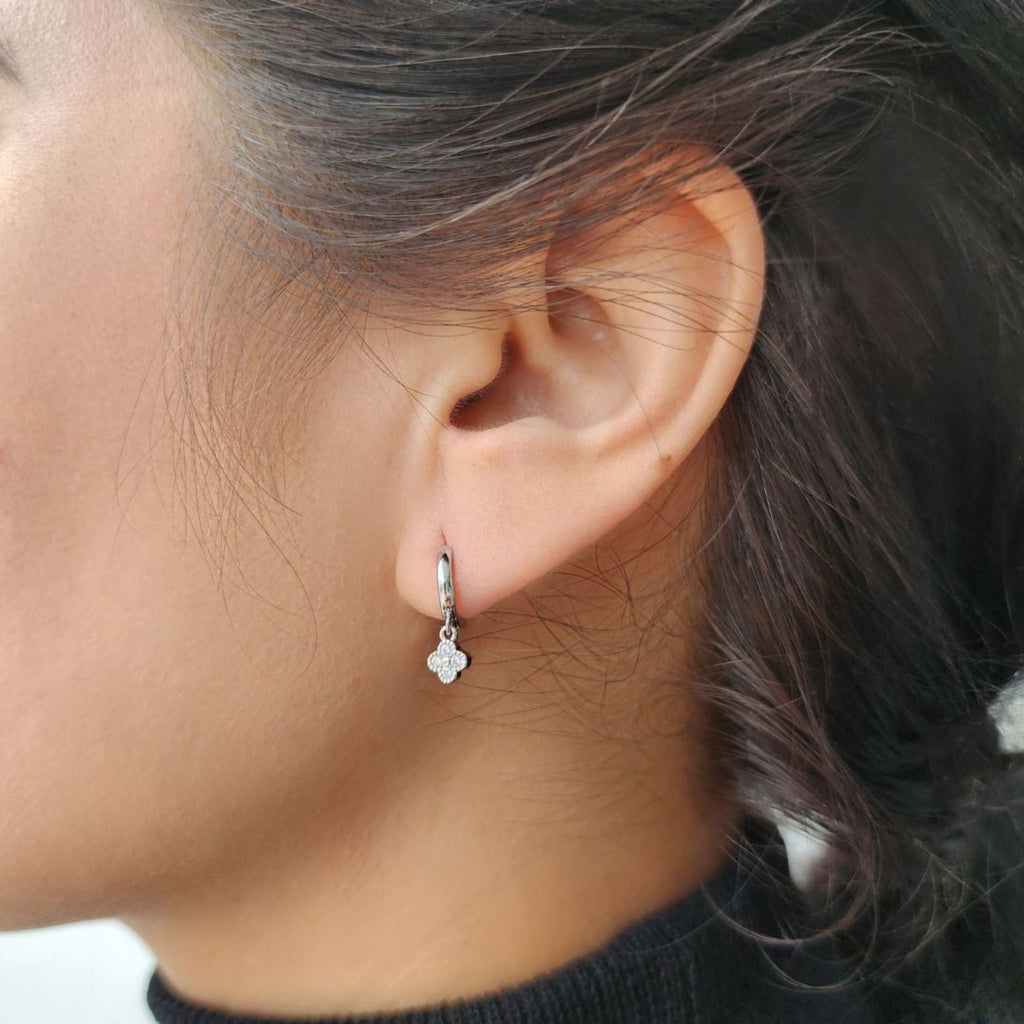 Silver Plated Extra Mini CZ Clover Dangle Huggie Earrings