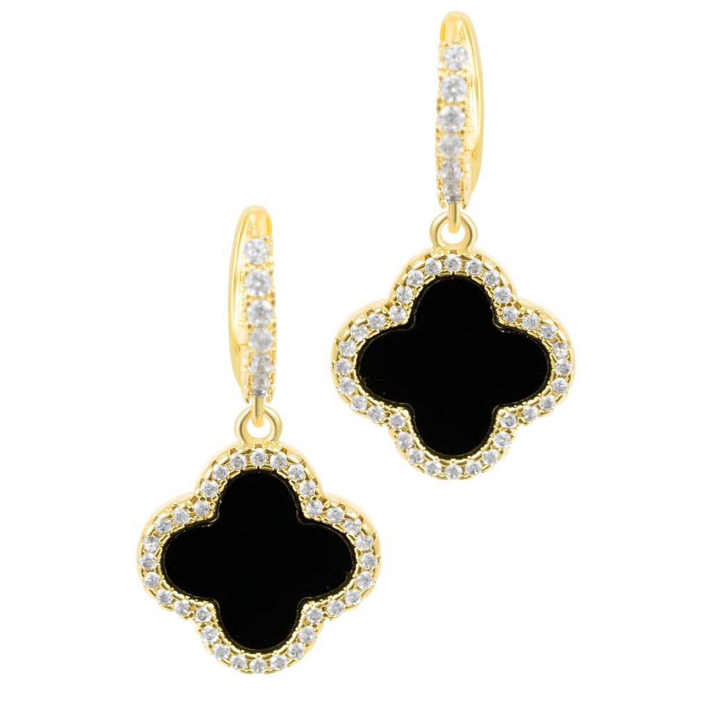 14k Gold Plated Crystal Halo Black Clover Dangle Huggie Earrings