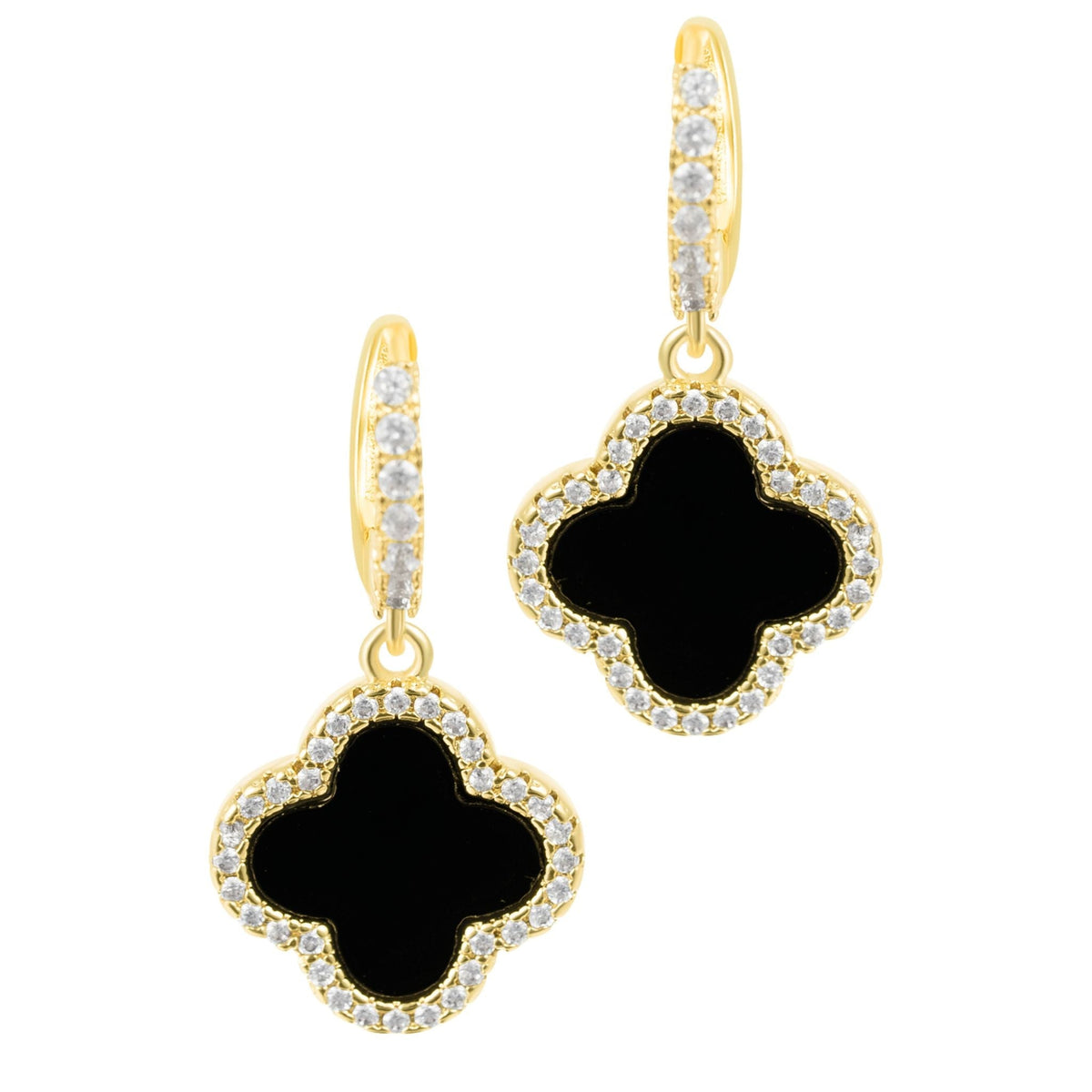14k Gold Plated Crystal Halo Black Clover Dangle Huggie Earrings
