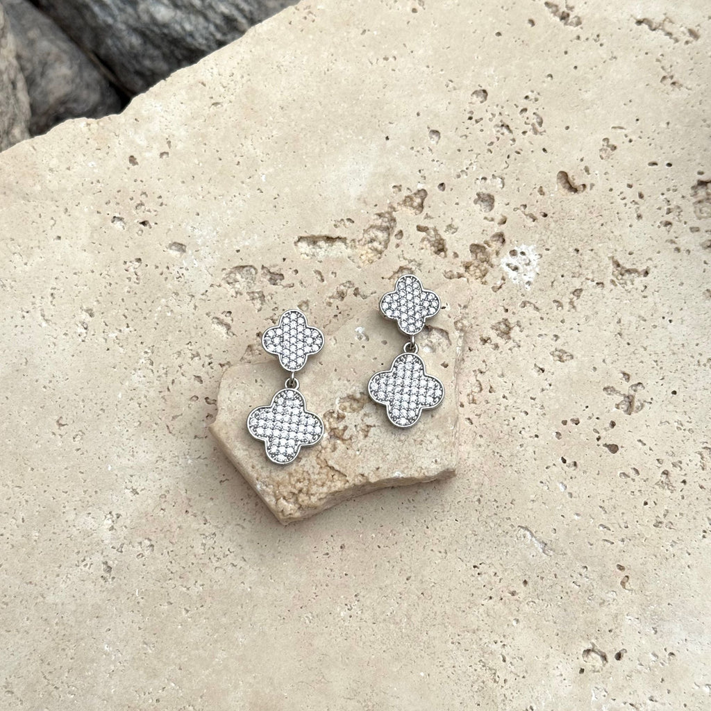 Silver Plated CZ Clover Drop Earrings