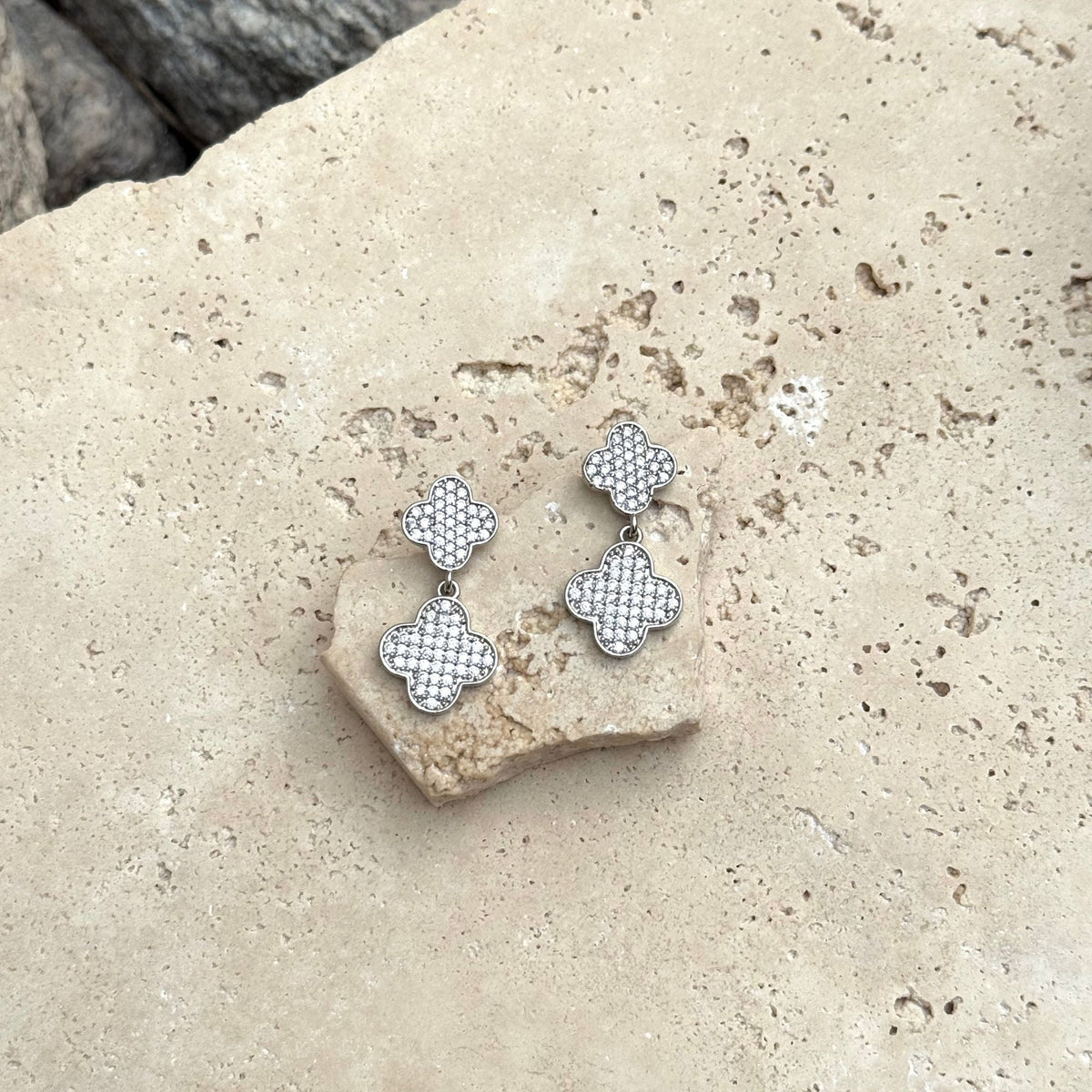 Silver Plated CZ Clover Drop Earrings