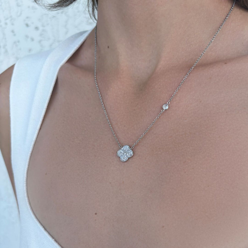 Silver Plated CZ Clover Necklace