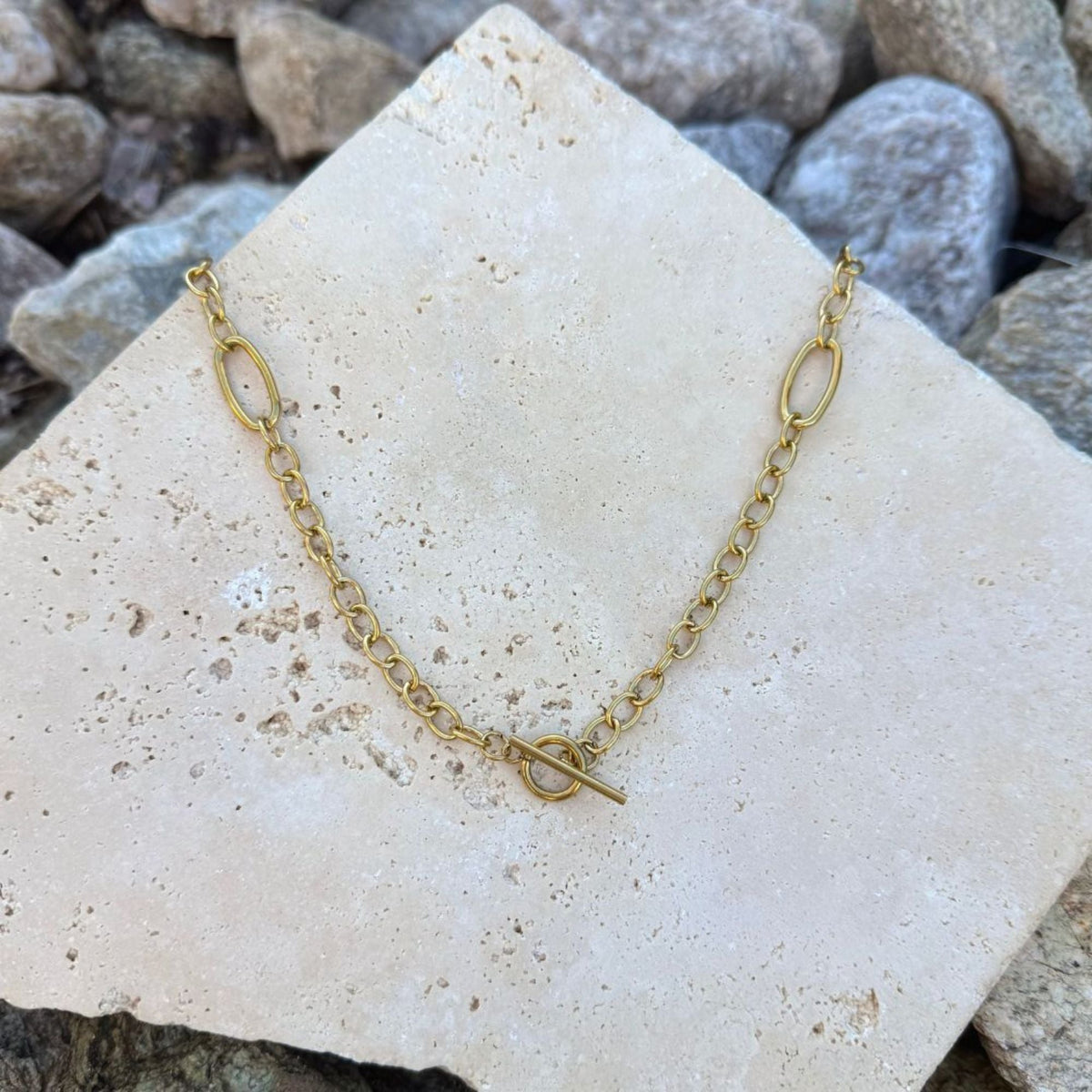 Tarnish Resistant 18k Gold Plated Mixed Link Toggle Necklace