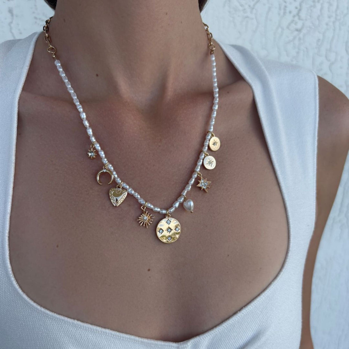 14k Gold Plated Vintage Charm Pearl Strand Necklace