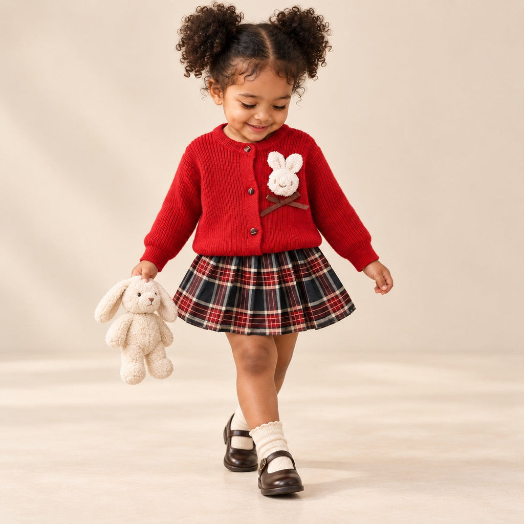 2-Piece Bunny Retro Skirt & Cardigan Set