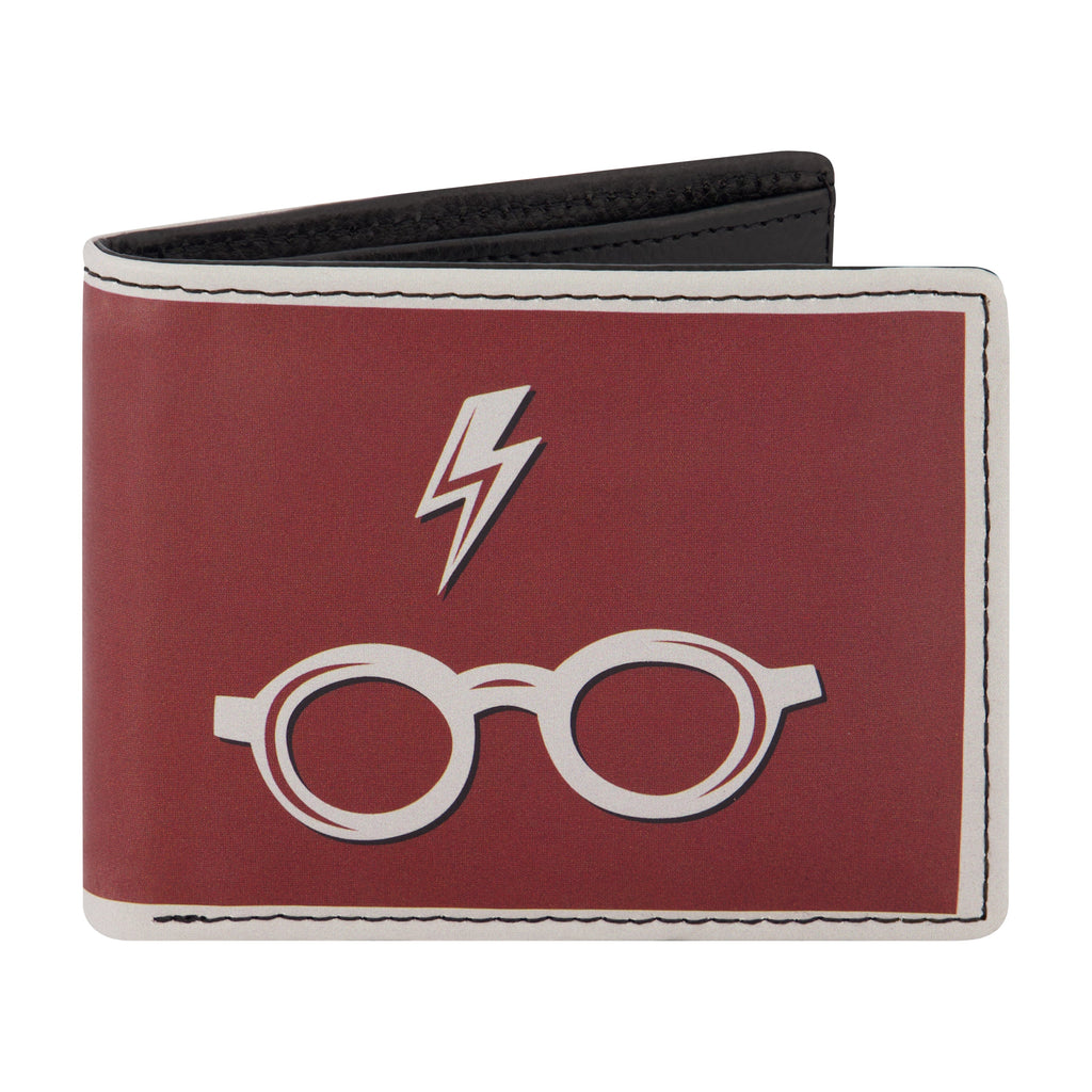 WB HARRY POTTER Lightining Bolt And Glasses in Burgundy Bifold Wallet, Slim Wallet with Decorative Tin for Men and Women