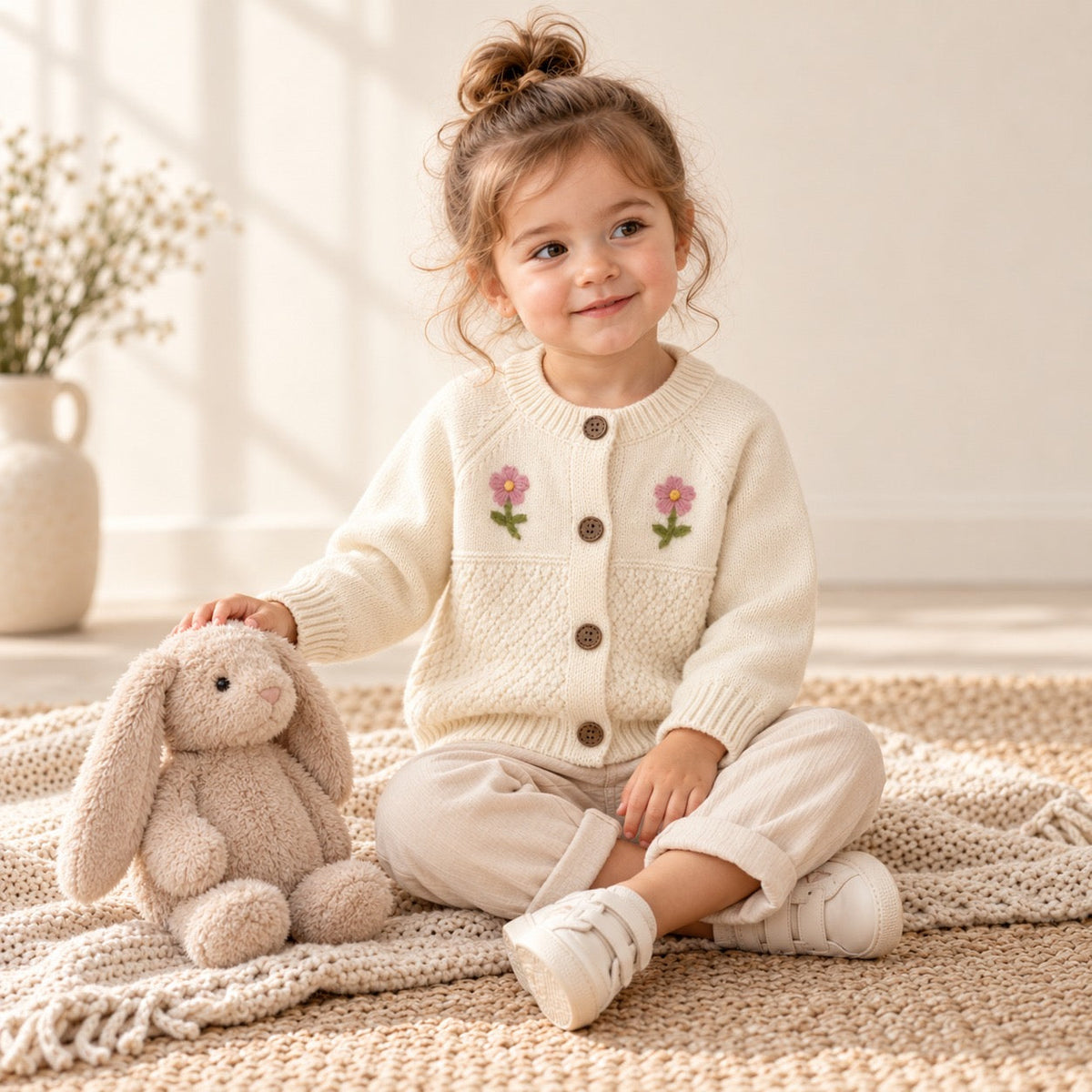 Baby Girls Flower Embroidered Knit Cotton Cardigan