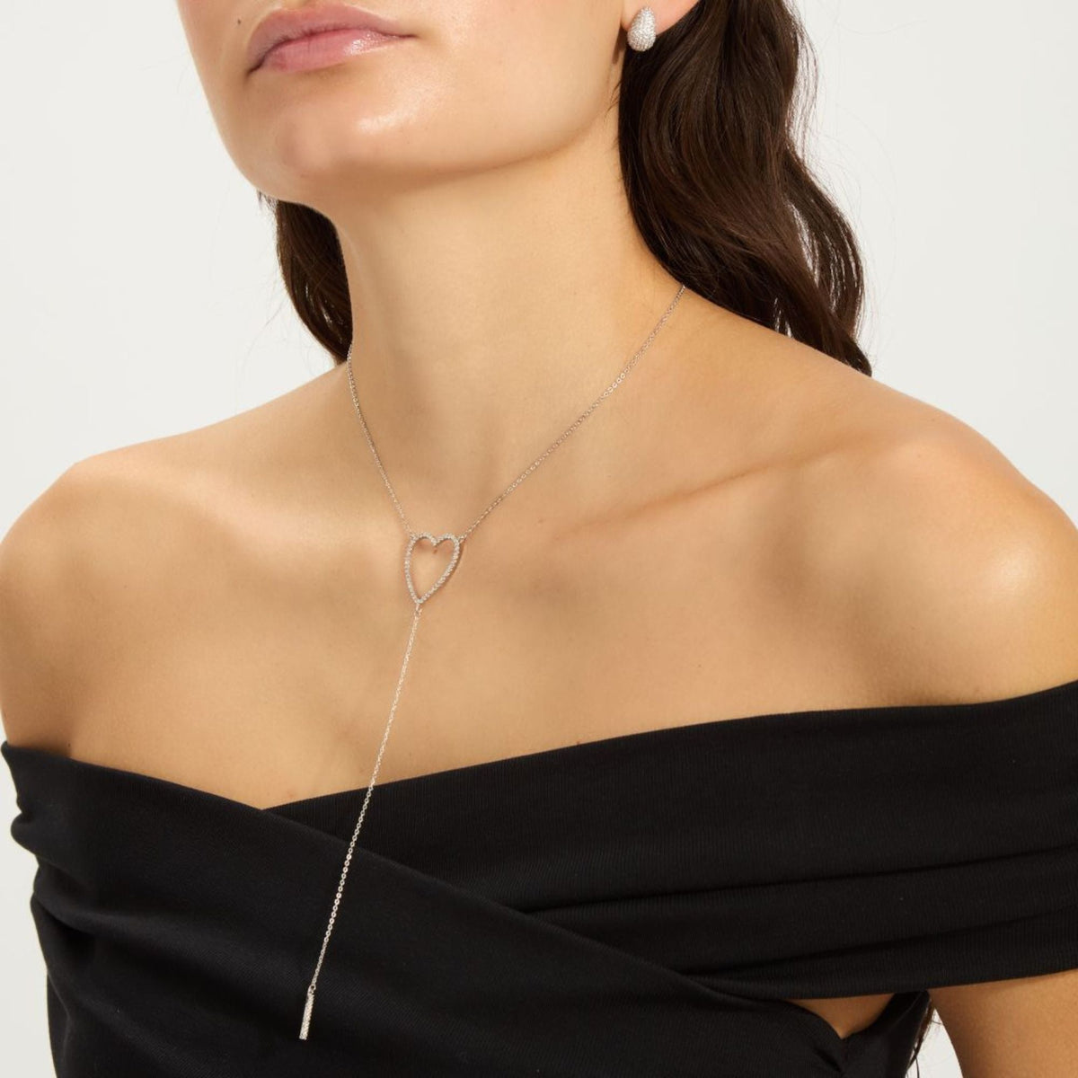 Sterling Silver Plated Adjustable CZ Heart Y-Necklace