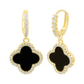 14k Gold Plated Crystal Halo Black Clover Dangle Huggie Earrings