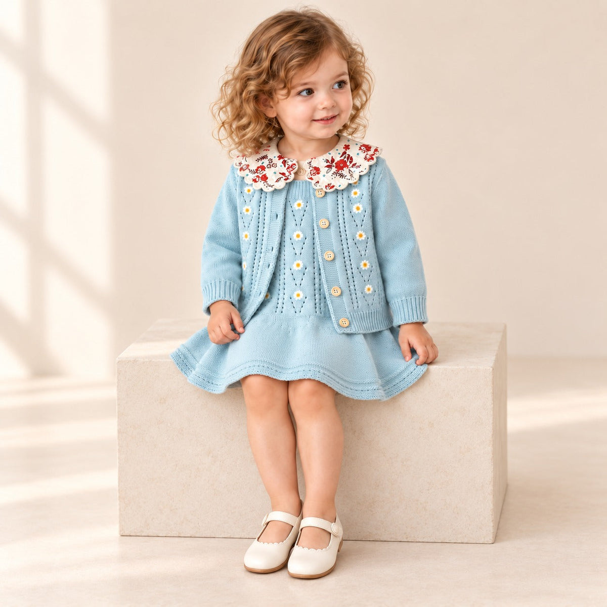 2-Piece Daisy Girl Knit Dress & Cardigan Set