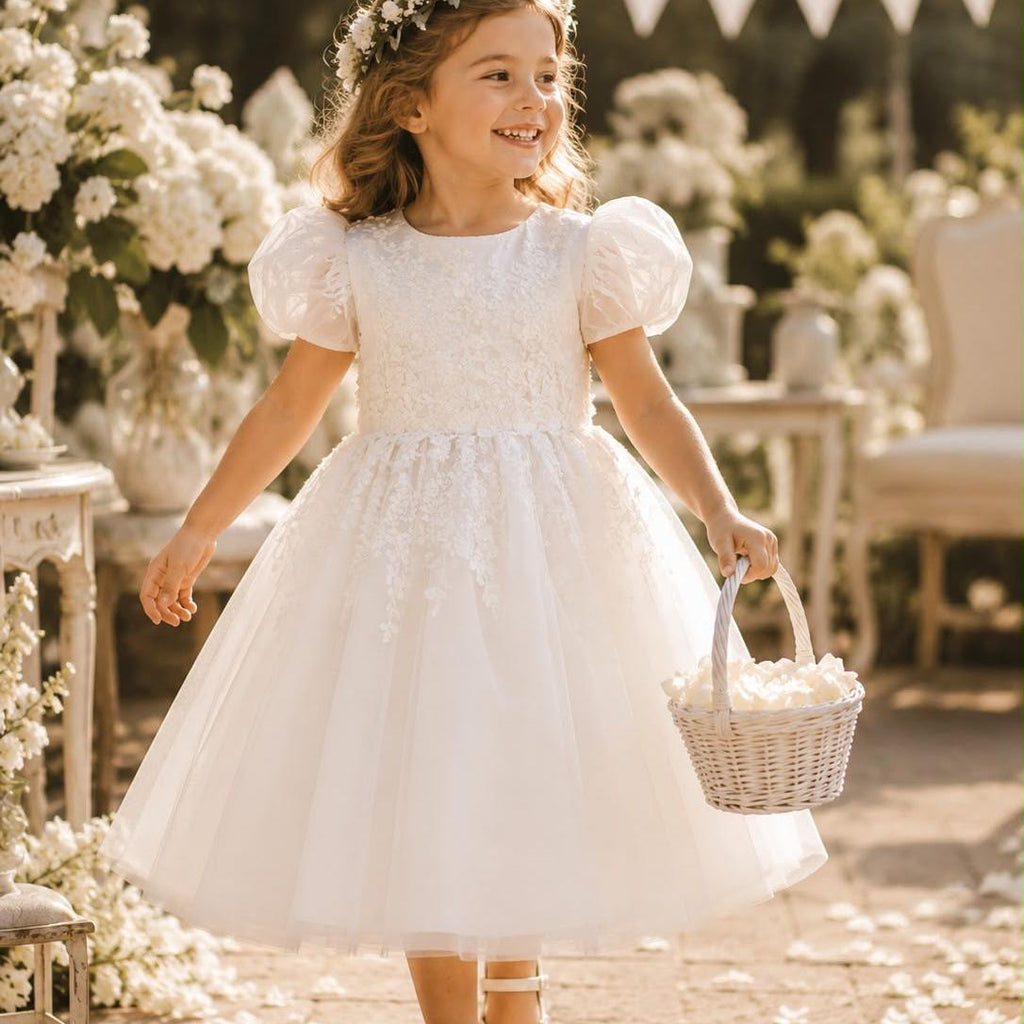 All White Tulle Flower Girl Dress with Ribbon Bow