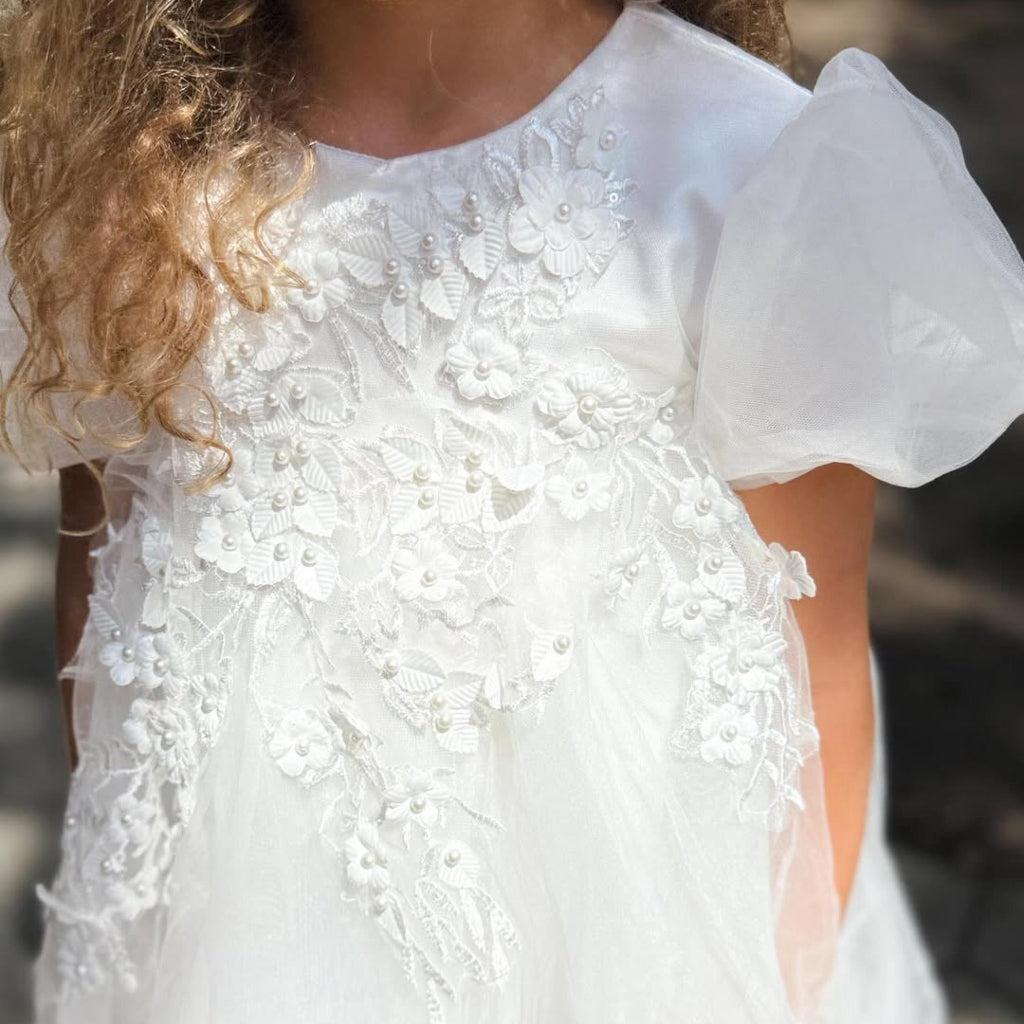 All White Tulle Flower Girl Dress with Ribbon Bow