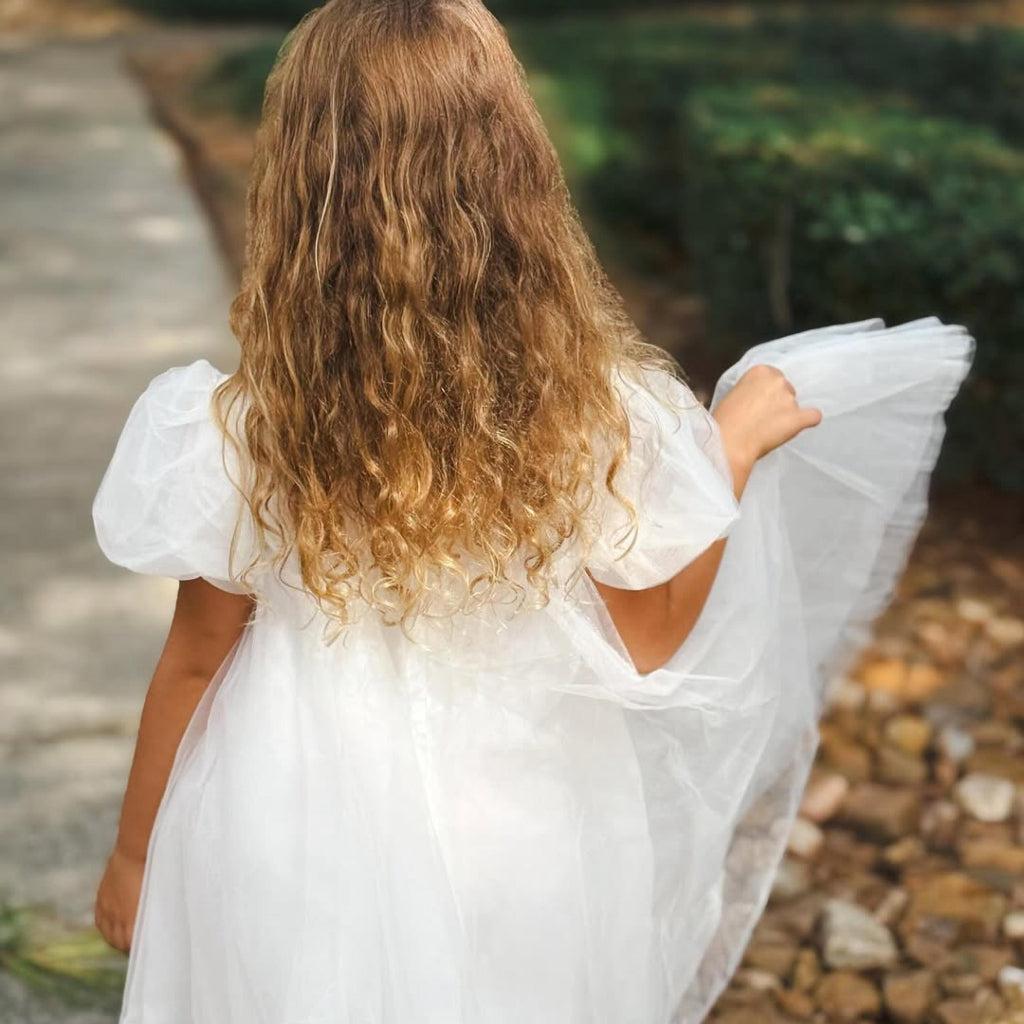 All White Tulle Flower Girl Dress with Ribbon Bow