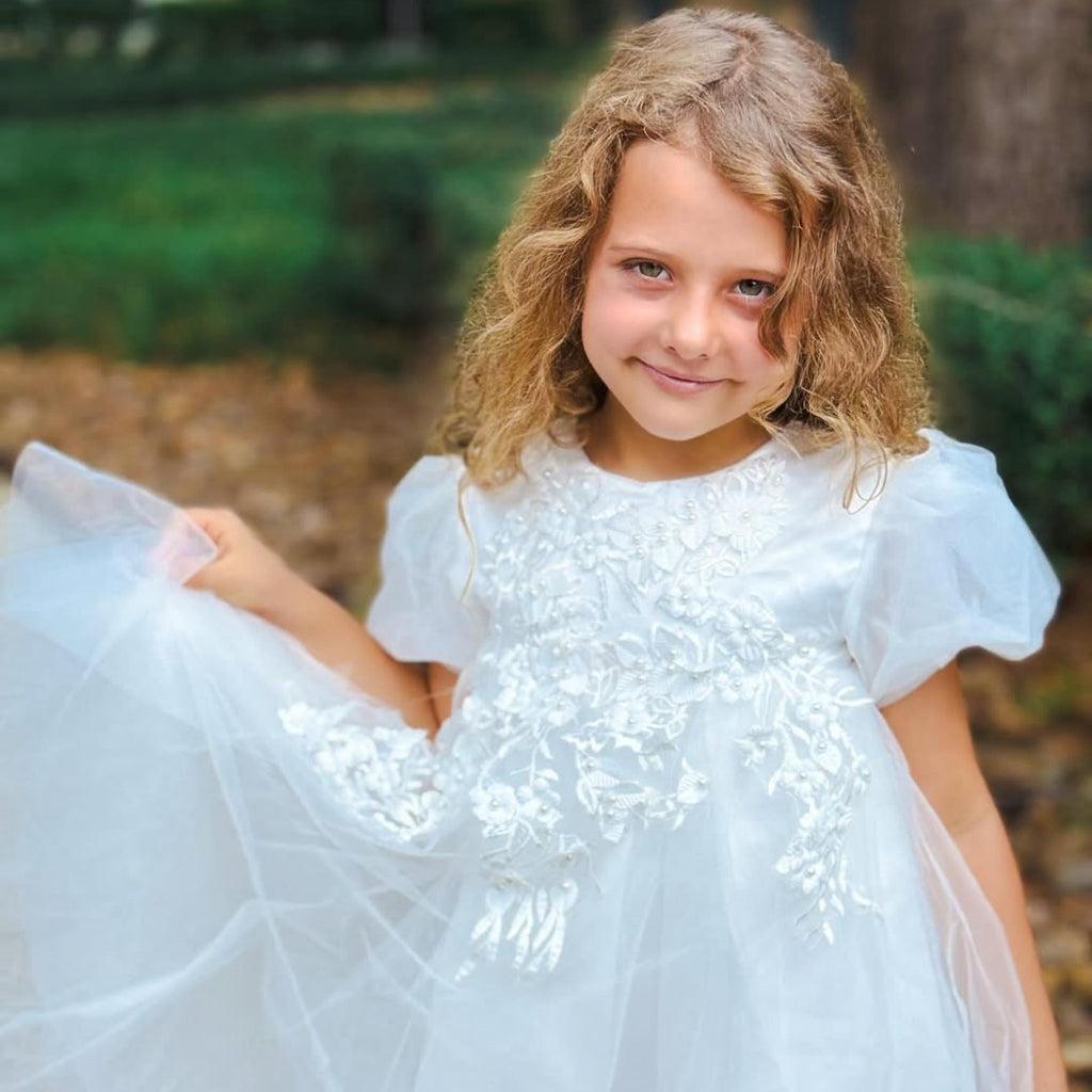 All White Tulle Flower Girl Dress with Ribbon Bow